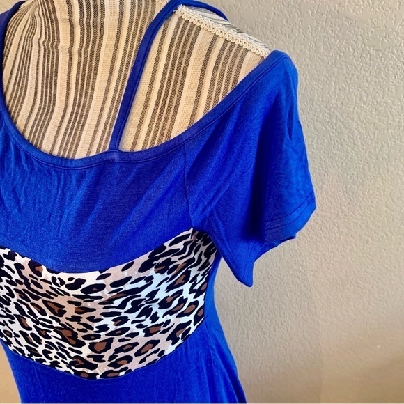 NWT Mini Dress Large Bikatu Royal Blue Animal Panel Asymmetrical Shoulders - Picture 8 of 14